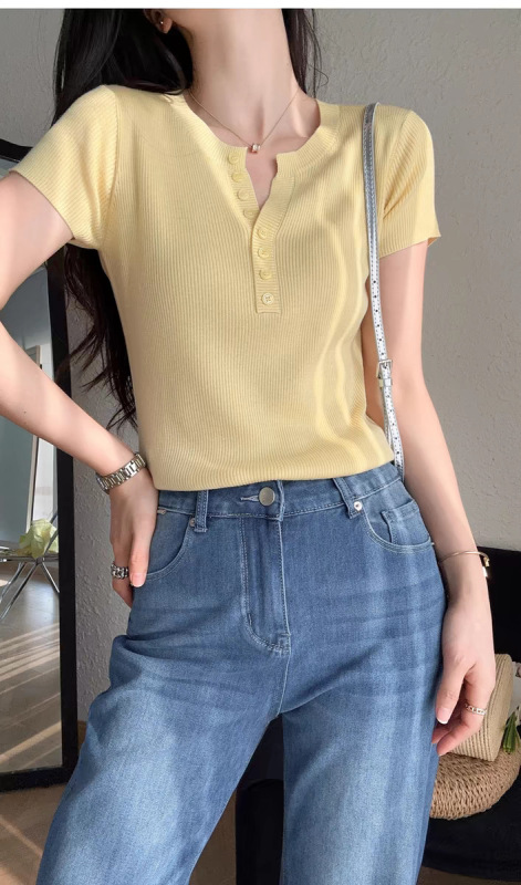 フレンチミルク黄色半ボタンvネック半袖tシャツ女性2025春夏修身洋気百合坑条ニット上着|undefined