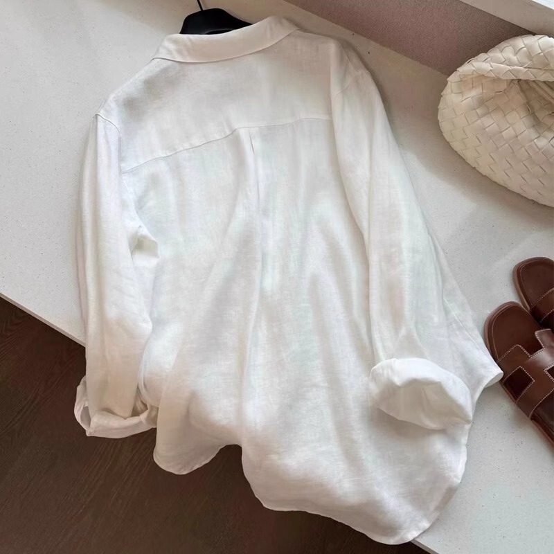Linen Fabric! High-Quality, Thin, Loose-Fitting, Slimming Linen White Shirt for Women, Versatile Polo Collar Sun Protection Top