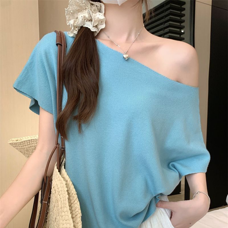 韓国の不規則な斜め肩バットスリーブニットTシャツ、女性用、新しい夏スタイルのレイジースタイルのゆったりとしたスリムなトップ|undefined