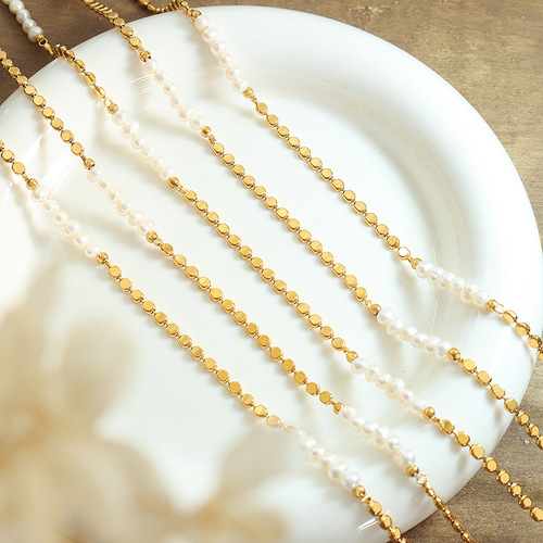 Real Gold Plated Brass Material Freshwater Pearl Flat Bean Stitching Necklace Simple Fashion European and American Style Metal Clavicle Chain