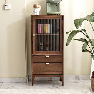 Nordic All Solid Wood Black Walnut Side Cabinet Modern Simple Japanese Style Sofa Side Cabinet Living Room Furniture Storage Cabinet