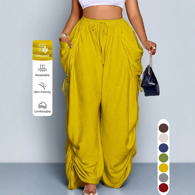Casual Wide-Leg Pants for Women, Drawstring Waist with Side Ties, Large Pockets, Floor-Length Pants, Lightweight Loose-Fitting Long Pants for Women, Direct from Manufacturer