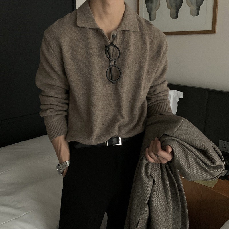 Trendy New Dongdaemun South Korea Men's Lasel Sweater Men's Designer Polo Collar Skin-Friendly Loose Knitted Sweater