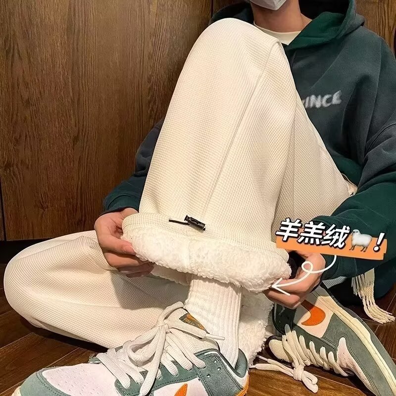 Waffle cordero calzado de cachemira hombre otoño invierno oversize suelto pantalones de piernas anchas rectas cordero pantalones gruesos