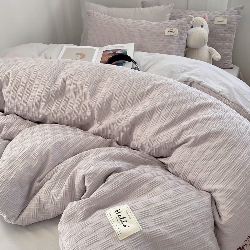 Cama de algodón lavada de hilo de doble capa fresca de cuatro piezas, funda de edredón de estilo crema, sábana de dormitorio de estudiantes, juego de tres piezas