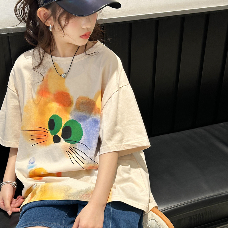 女童短袖T恤夏季2024新款大童夏款洋气卡通上衣儿童韩版时髦夏装