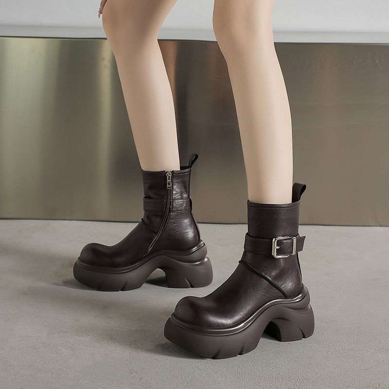 Giày bốt ngắn cổ thấp tăng chiều cao đế dày 7cm da thật khóa kéo mùa thu 2025 — Lớp lót nhung màu nâu, nhung đen, Li đơn màu nâu, Lớp lót đơn màu đen