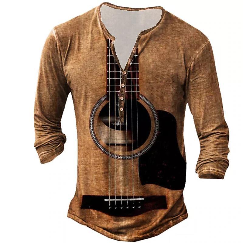 2022 retro hombres 3D digital placket abierto de siete botones Camiseta de manga larga de los hombres de guitarra patrón transfronterizo estación independiente