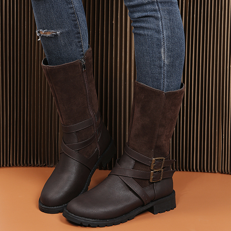 Damenschuhe, Martin-Stiefel mit mittlerer Röhre, Gürtelschnalle, runder Kopf, niedriger Absatz, Ritterstiefel mit seitlichem Reißverschluss, Lederstiefel_voghion.com