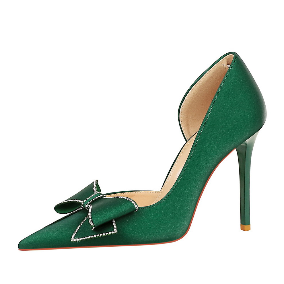 626-H37 European And American Style Party High Heels Stiletto Shallow Pointed Toe Side Hollow Rhinestone Bowknot Single_vogvips.com