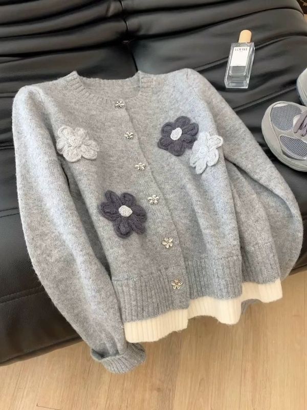 韓国風刺繍花ルーズセーターレディースジャケット2025秋冬新スタイルレイジースタイルヘビーニットカーディガントップ|undefined