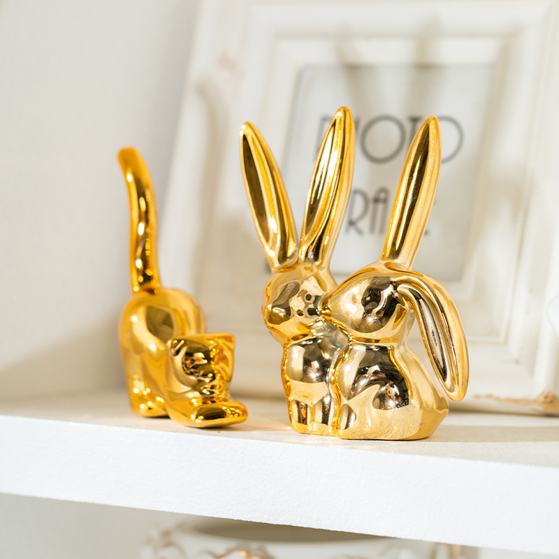 Decorative Items in an Instagram Style: Ceramic Small Cactus, Porcelain Bear, Gold-Plated Animal Ornaments, Window Display Crafts