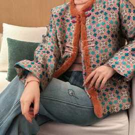 25秋冬新款轻奢时尚桑蚕丝织锦棉外套拼接獭兔毛棉服33