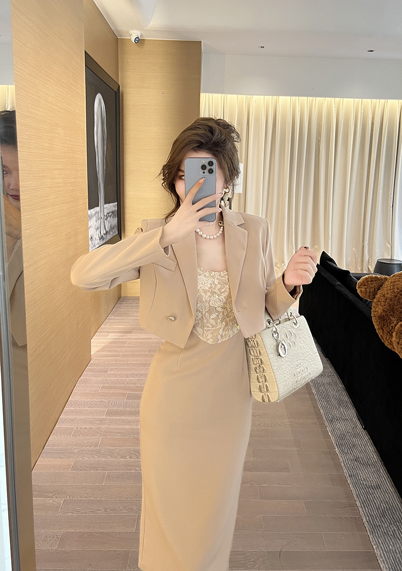 Bộ áo khoác vest phối váy hai dây nữ phong cách trưởng thành — Màu Kaki chi tiết 13
