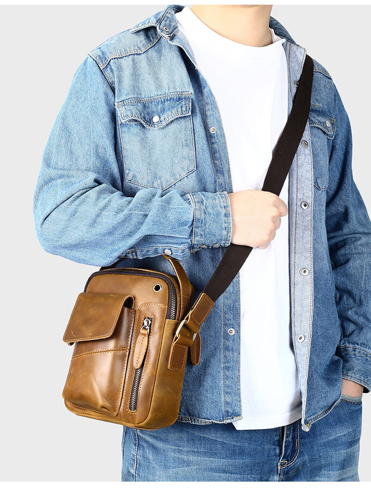 Túi đeo chéo nam da bò thật 17,5×5×21,5 cm kiểu mới đeo vai công sở — 7512 Đen vân vải, Cà phê, Cà phê đậm 7512, Màu nâu chi tiết 14