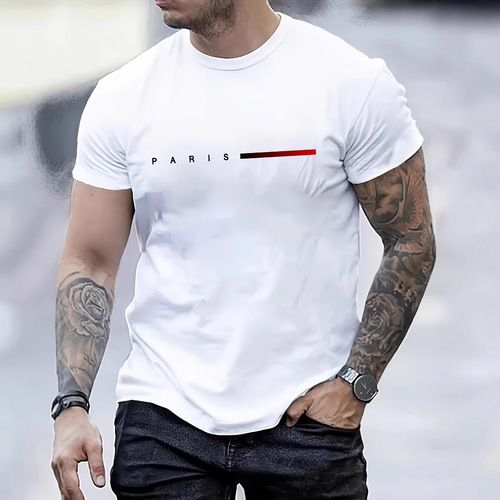 Men's 100% cotton loose Paris creative letter print casual slim round collar short-sleeve T-shirt top anime