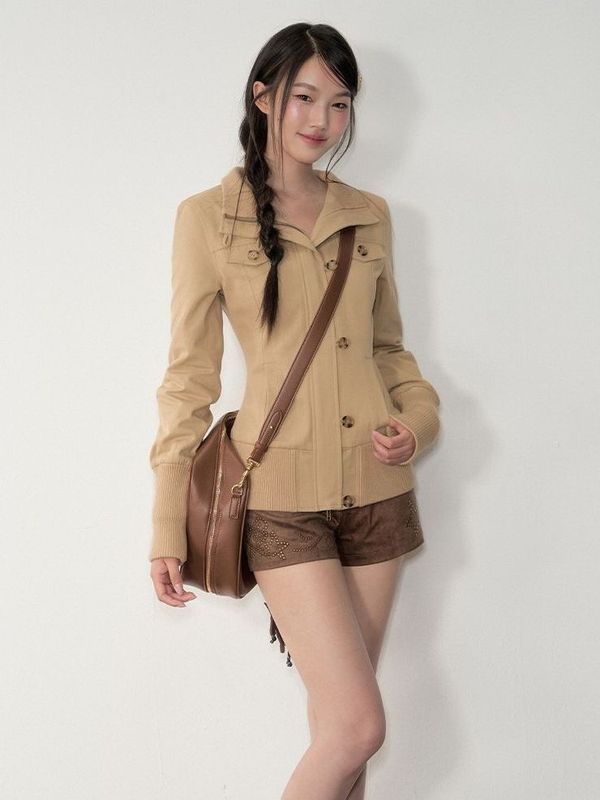 韩系复古修身显瘦拉链系扣半高领短外套上衣女2025新款工装夹克|undefined