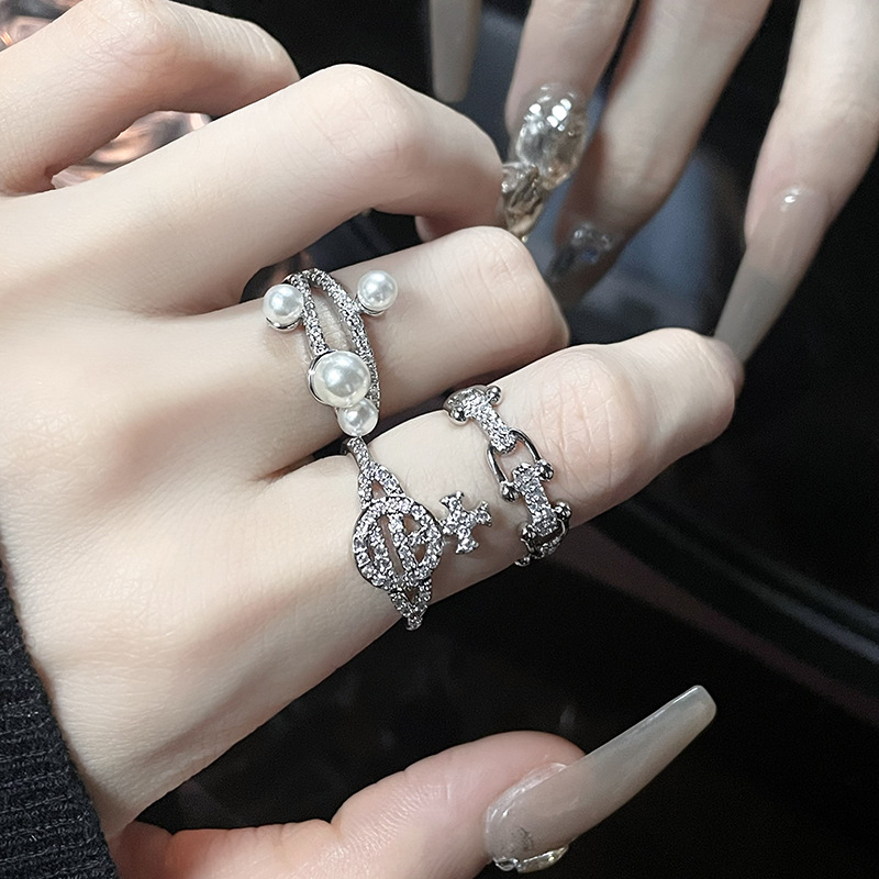 Fashion Geometric Copper Inlay Artificial Pearls Rhinestones Open Ring 1 Piece