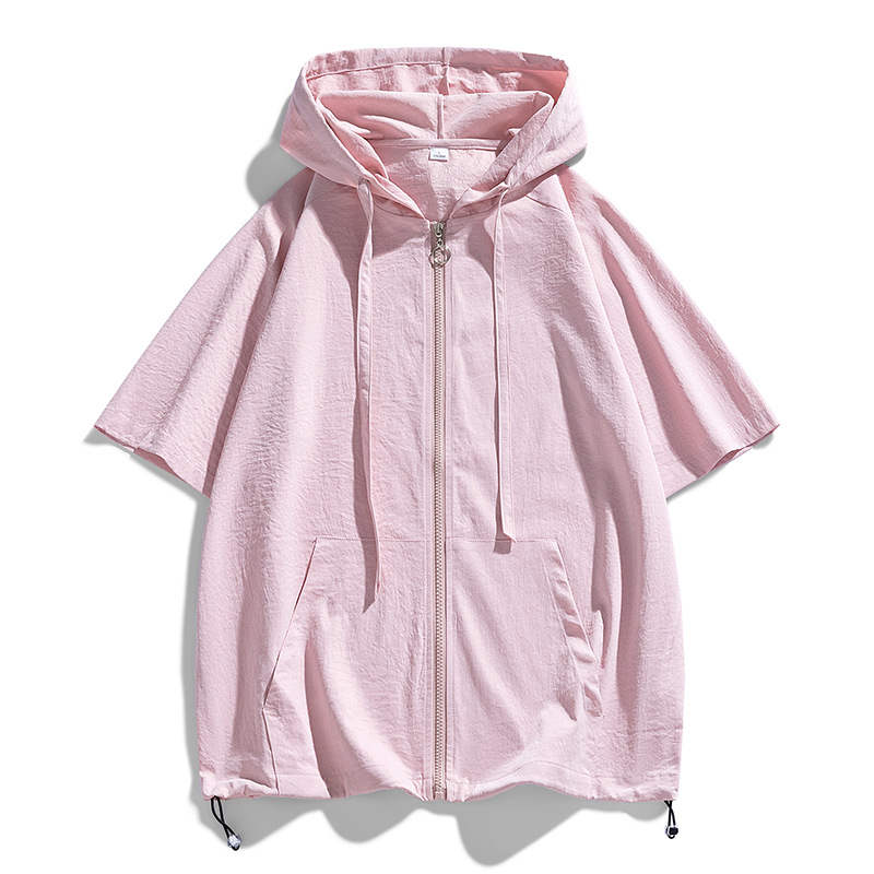 Hooded Quarter-Sleeve Sun Protection Shirt for Men and Women, Thin High Street Couple's Same Style Summer Shirt, Cardigan Jacket, Short-Sleeved t