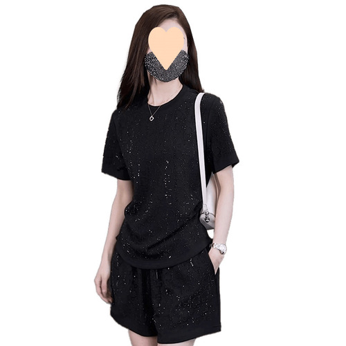Fashionable hot drilling casual sports suit 2025 summer young Western-style short-sleeved shorts lazy style slimming two-piece set