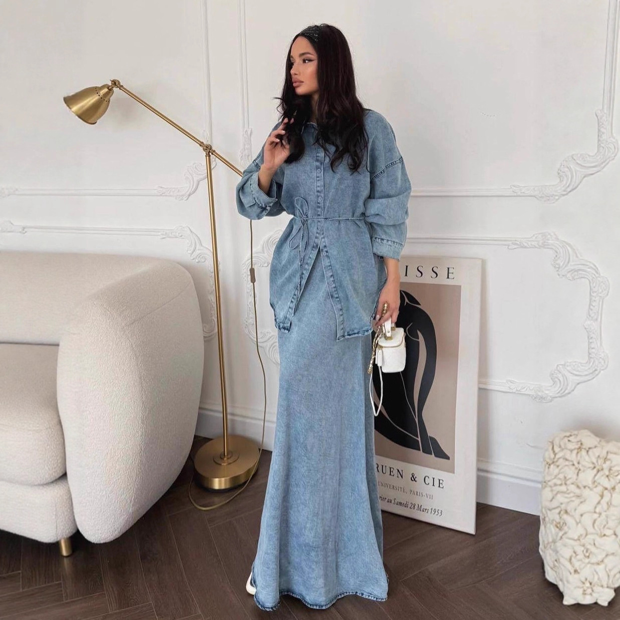 Women's Slim Fit Elegant Sports Bodycon Skirt Cardigan Jacket Denim Autumn Clothing European American Middle Eastern Style_ecoleips.com