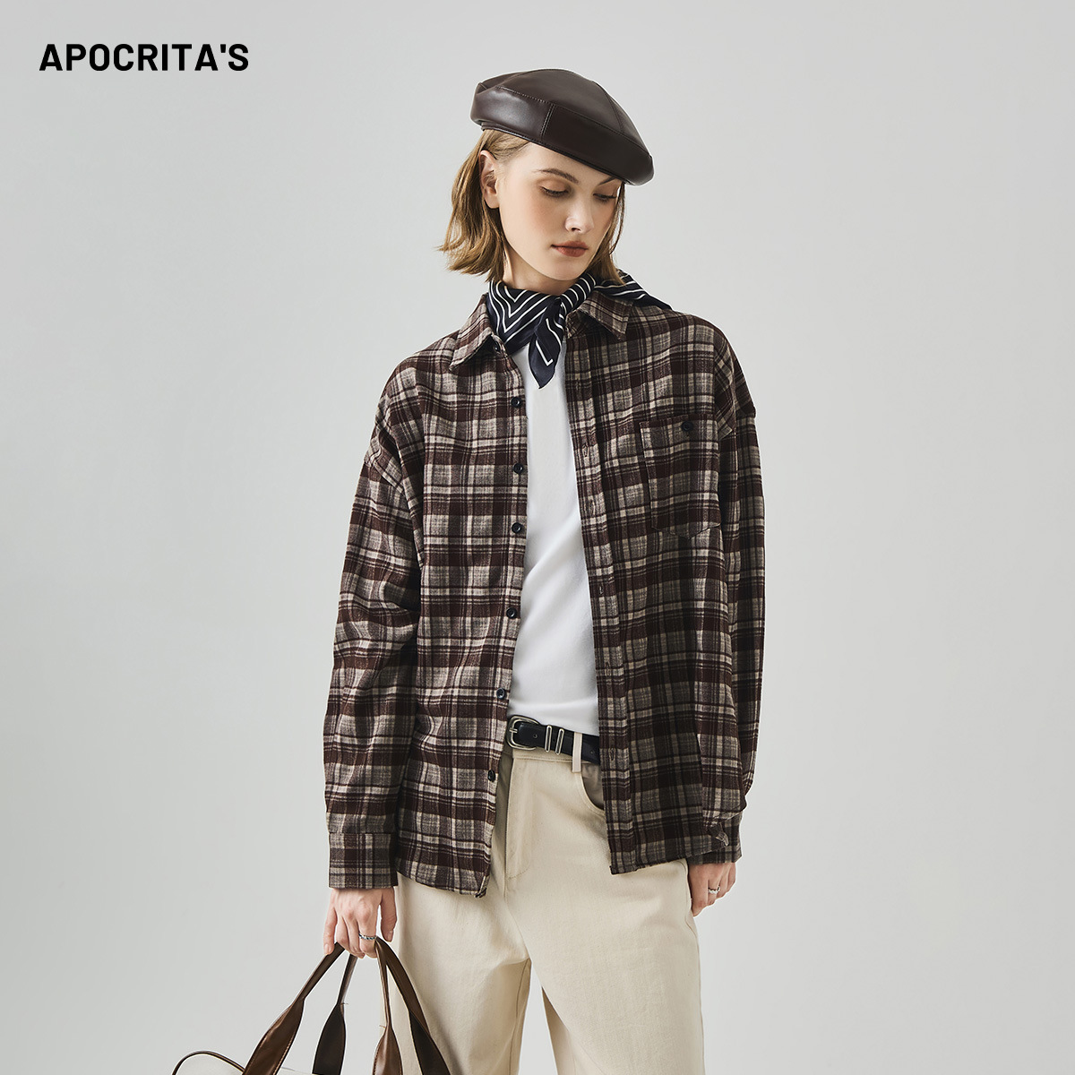 Apo Women's Clothing | Cross-Border Plaid Long-Sleeved Shirt for Women in Autumn, High-End Korean Style Loose Gender-Neutral Shirt Jacket for Men