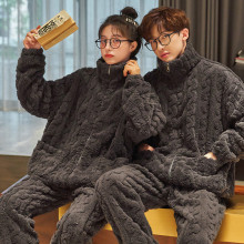 彩妮情睡衣女冬季珊瑚绒拉链款立领法兰绒男士开衫保暖情侣家居服