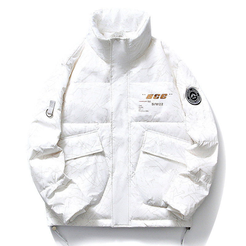 Chaqueta de plumón de cuello vertical de línea rica para hombres de invierno nueva pareja de ropa de pareja para estudiantes gruesa calentamiento 90 chaqueta de chaqueta de arroz blanco de moda