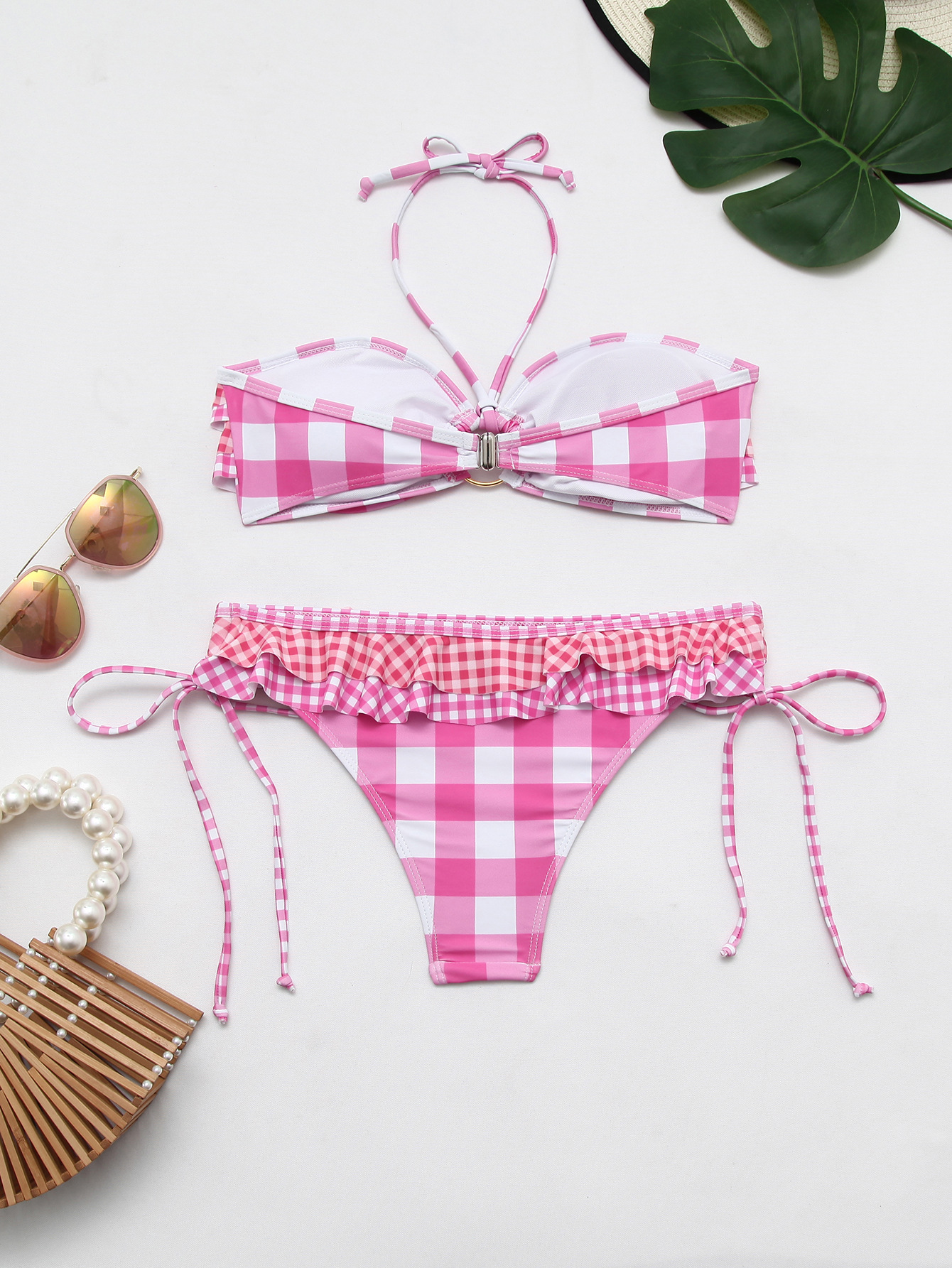 GraceChic European And American Hot-Selling New Swimsuit For Women, High-End Pink Plaid Sexy Bikini, Hollow Two-Piece Set Beach_voghion.com