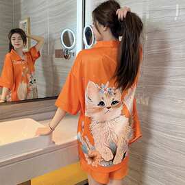 网红冰丝睡裙女2024新款短袖高级感猫咪大码外穿衬衫裙家居服套装