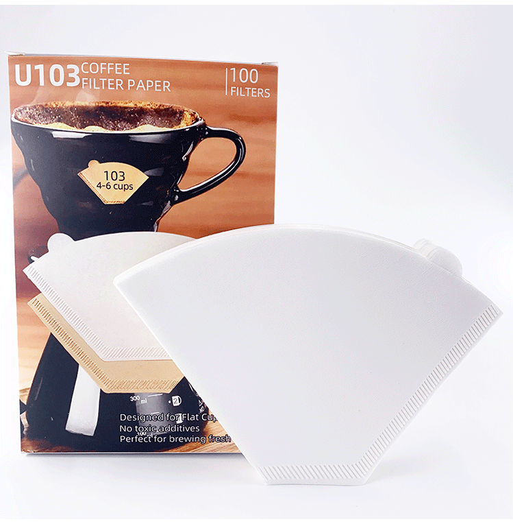 家用美式U型103纯木浆咖啡机过滤纸彩盒装4-6杯100枚扇形原木色