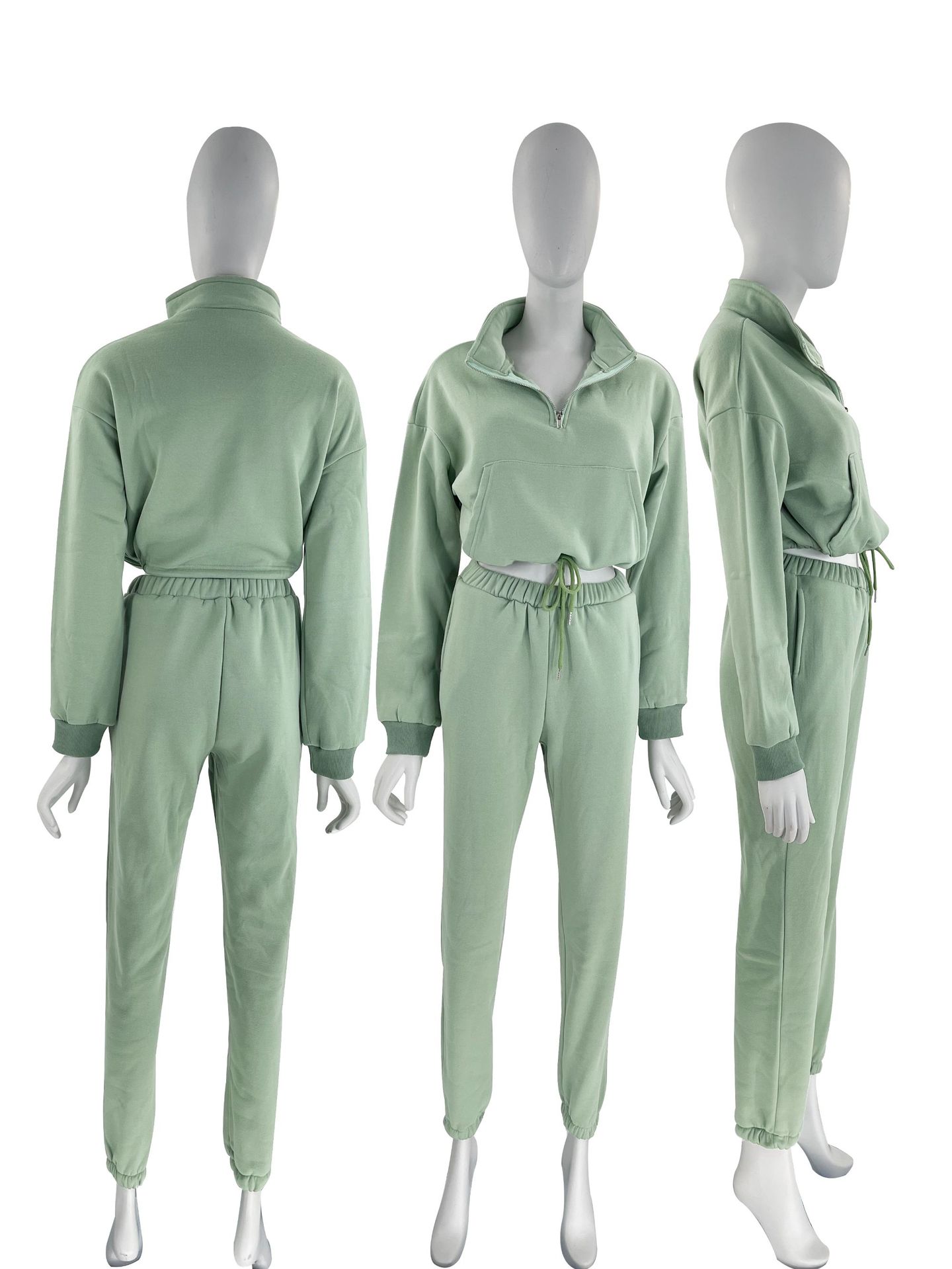 Women's Clothing 2024 autumn and winter solid color stand up collar zipper drawstring navel baring plus velvet sweatshirt casual sweatpants suit_voghion.com