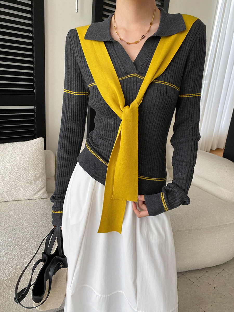Sisann Autumn New Arrival Wool Blend French Style Contrast Color Shawl Collar Slim Fit Striped Knit Sweater SN9188