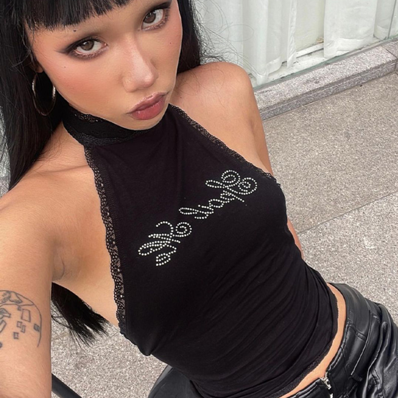 2024 European and American cross-border lace vest camisole hot rhinestone letters spring slim women's sexy navel top