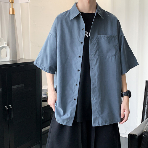Men's Short Sleeve Shirt, Hong Kong Style, Japanese Summer, Five-Button Collar Top, Korean Version, Trendy, Instagram Hipster Style, Casual Jacket