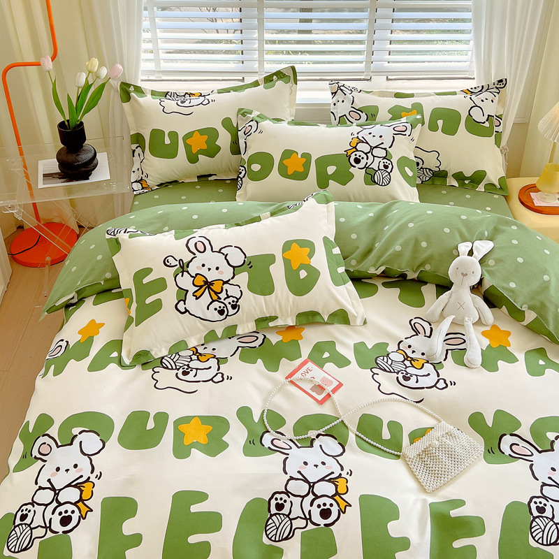 Category a Small Fresh Four-Piece Set Pure Comprehensive Brushed Quilt Cover Student Three-Piece Set Washed Cotton Dormitory Non-Fading All Year Round