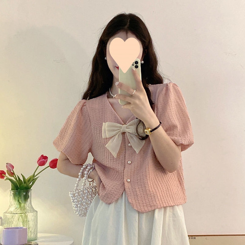 Butterfly knot women's design sense niche summer Korean style gentle sweet bubble sleeve short snow silk top