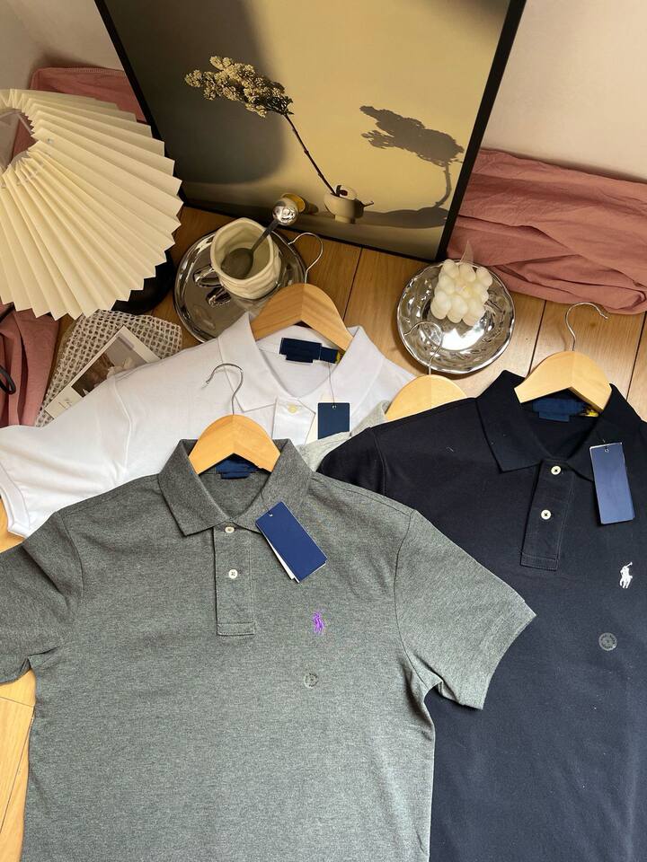 Áo polo nam tay ngắn cổ bẻ thêu logo ngựa nhỏ, chất cotton pique cao cấp — Màu trắng, Màu xanh tím than, Màu xám nhạt, Màu xám đậm