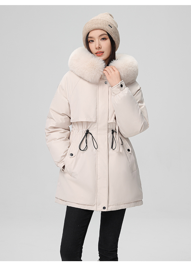 2024 foreign trade overcomes women's winter new Korean version waist cinching slimming hooded big fur collar cotton_voghion.com