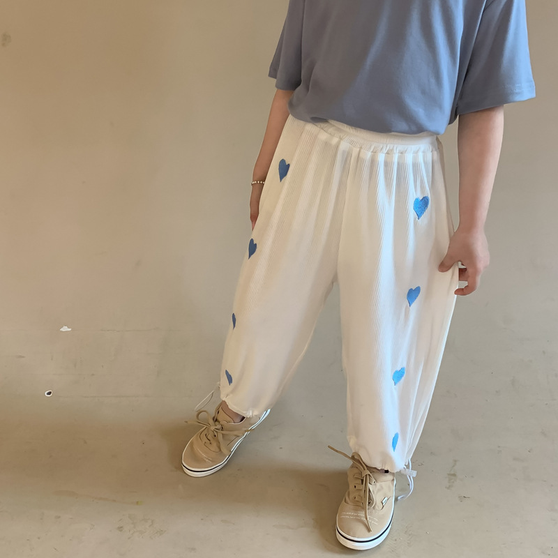 2021夏款新款童装 女宝宝蓝色爱心绣花裤子 女童防蚊裤