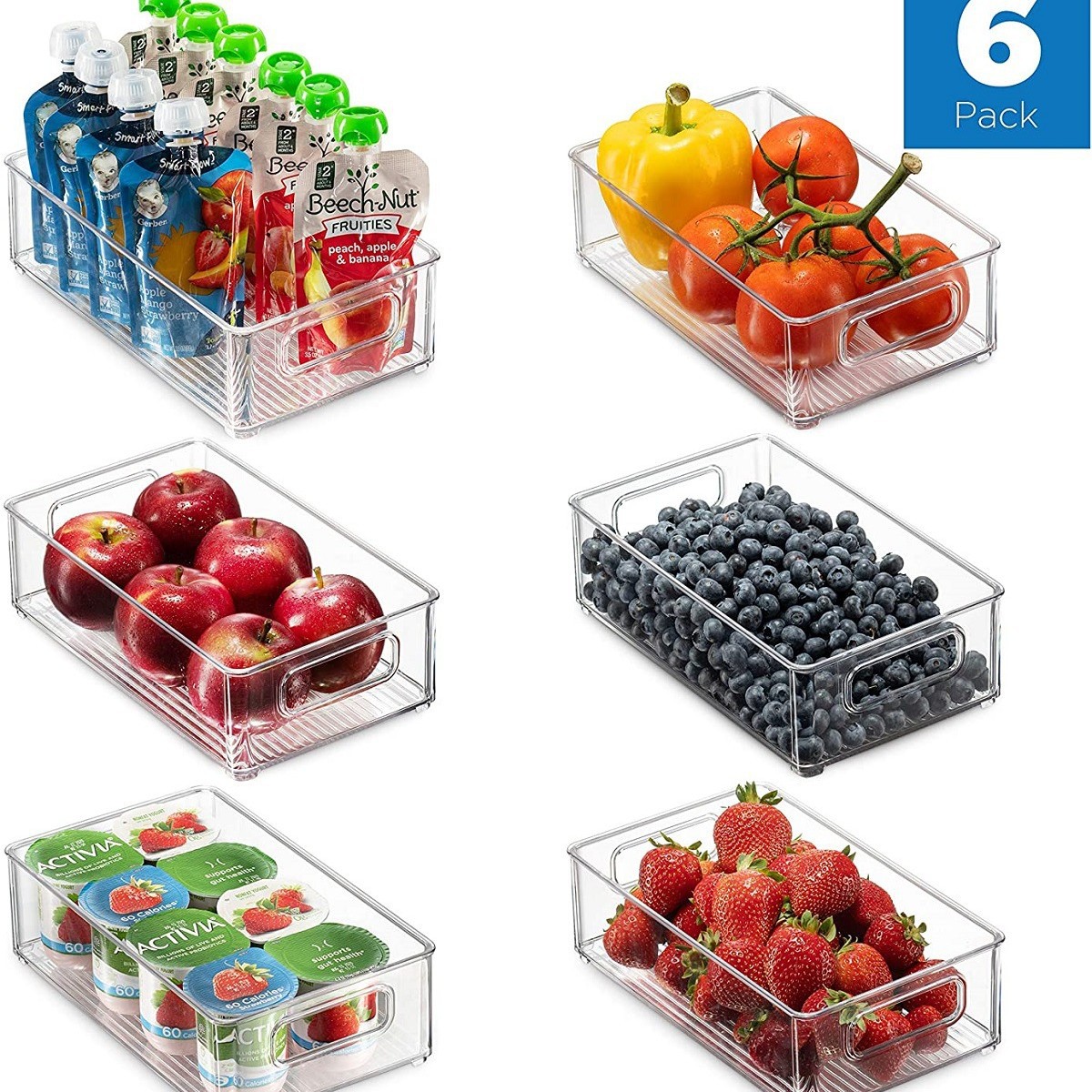 Caja de almacenamiento de refrigerador dedicada transfronteriza Caja de organización de material de PET transparente apilable de 6 piezas Caja de fábrica al por mayor