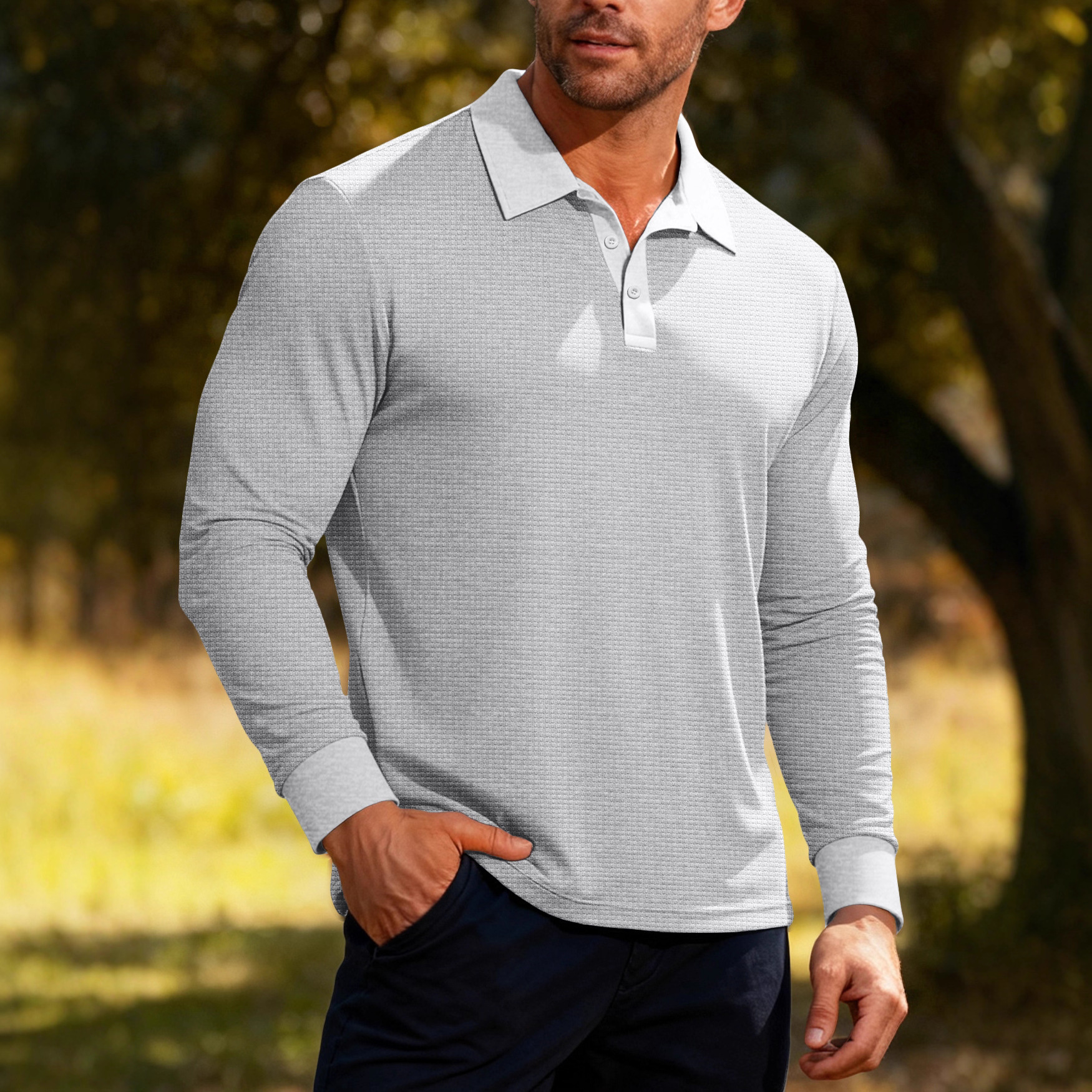 26 comercio exterior transfronterizo amazónico hombre waffle botón de solapa solapa manga larga polo camiseta de vacaciones casuales