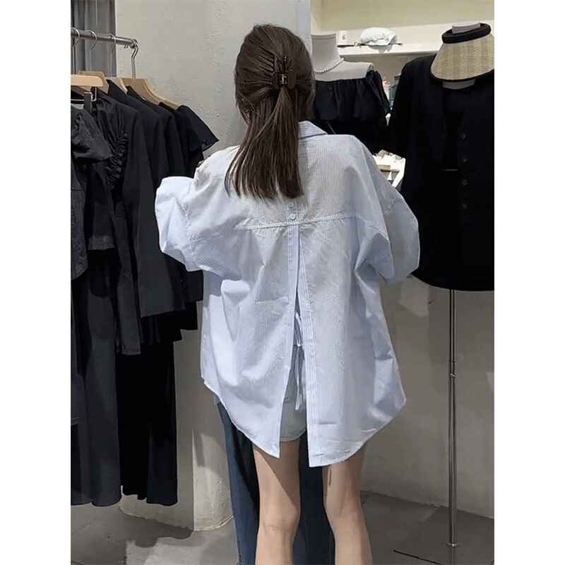European Thin Sunscreen Striped Long-sleeved Shirt Women's Summer New Loose Slimming Back Split Casual Top Trendy