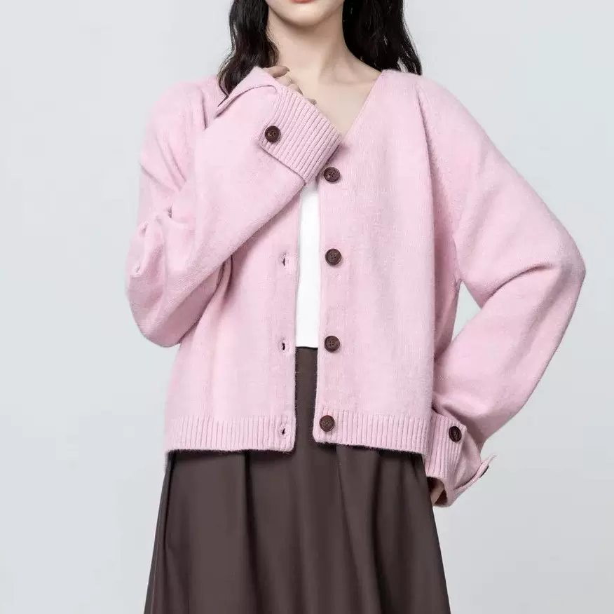 秋冬新款百搭欧美风v领开衫粉色毛衣外穿外套女懒惰风宽松简约