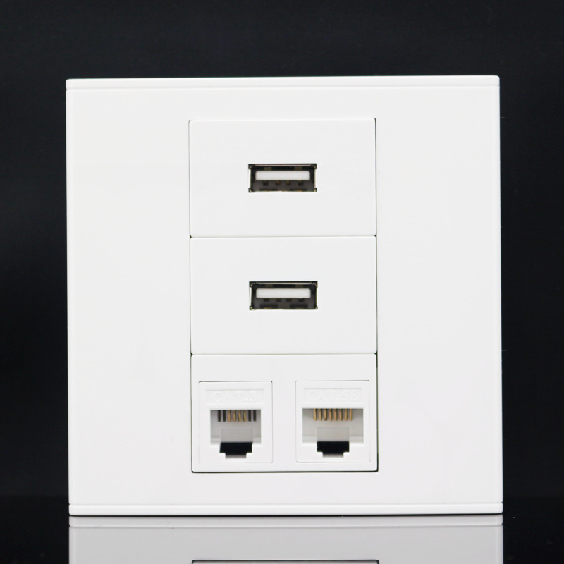 86型 CAT3电话+CAT5网络+2个USB免焊接面板 电脑语音信息数据插座