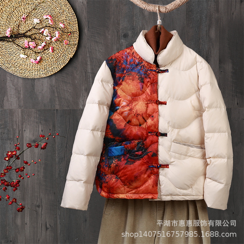 2022 New Arrival Winter Wear Artistic Retro Ethnic Style Down Jacket with Buckle and Vertical Collar Women's Short Asymmetric Printed Jacket 2022 New Arrival Winter Wear Artistic Retro Ethnic Style Down Jacket with Buckle and Vertical Collar Women's Short Asymmetric Printed Jacket