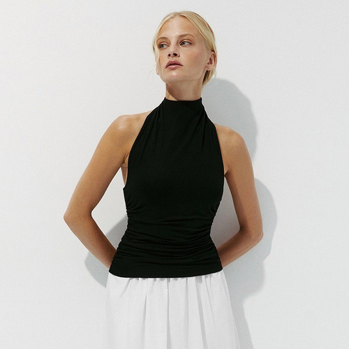European and American cross-border women's clothing 2025 summer new solid color backless sexy halter neck vest T-shirt top foreign trade wholesale
