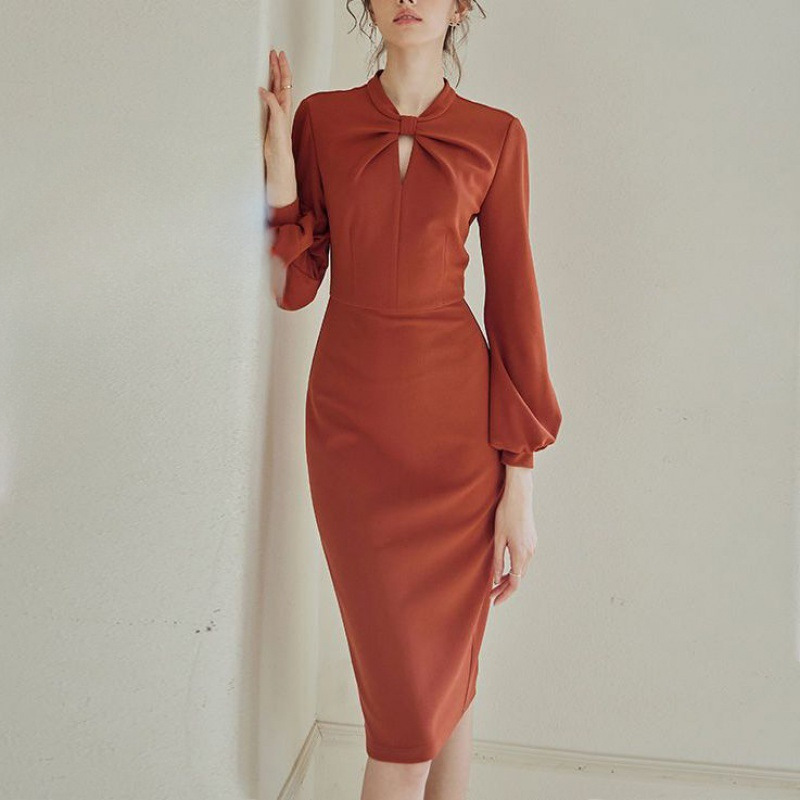 2024秋装气质橘色灯笼袖裙子中长款欧货女装新款知性镂空连衣批发