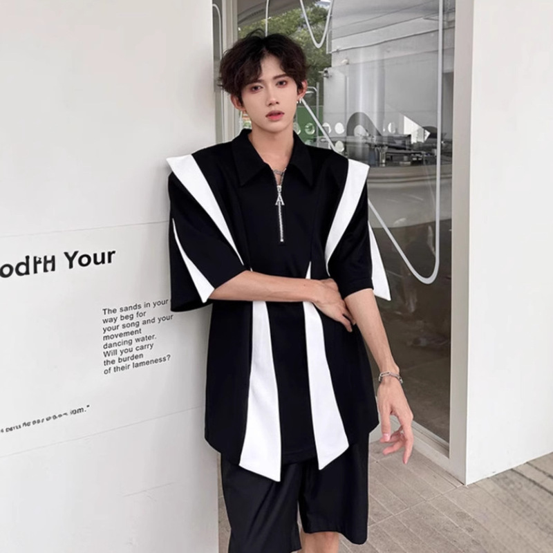 Hairstylist Trendy Brand Shoulder Pad Half-Zip Polo Shirt Biker Short-Sleeved Male Model Wears Three-Quarter Sleeve Shirt Handsome Jacket