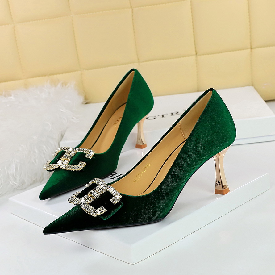 1818-K78 Banquet Light Luxury Elegant Women's High Heels Xishi Suede Shallow Mouth Pointed Toe Rhinestone Bowknot Single_vogvips.com